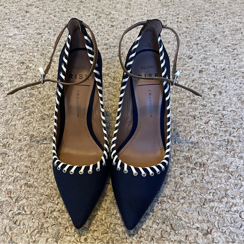 Pointy strap heels , pointy navy blue heels , pointy heels